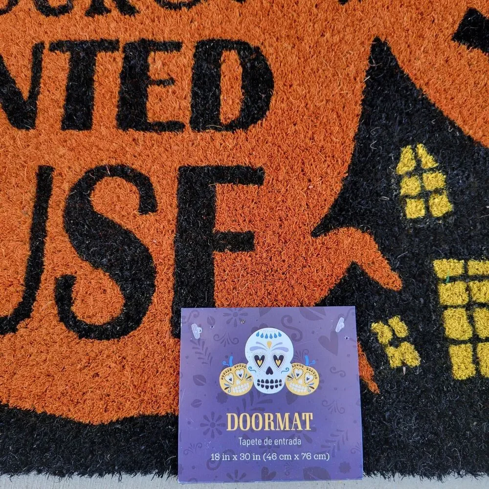 Halloween Welcome To Our Haunted House Outdoor Coir Doormat Mat 18x30 Orange Bla